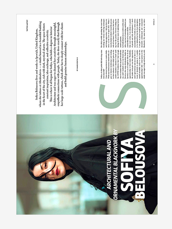 Large-scale storytelling tattoos by Sofiya Belousova at Abrakadavra Studio, UK.